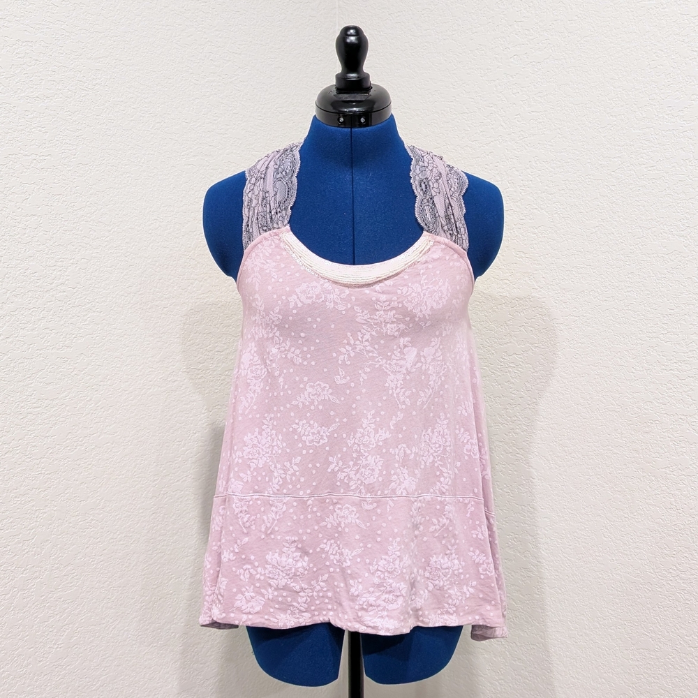 Free People Floral Pink Tank Top with Beaded Collar and Lace Straps 2000s